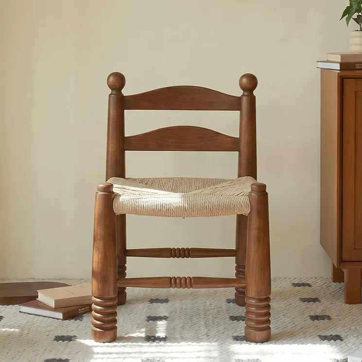 Solid Wood Vintage Kids Chair with Handwoven Rattan Seat and Sculptural Frame