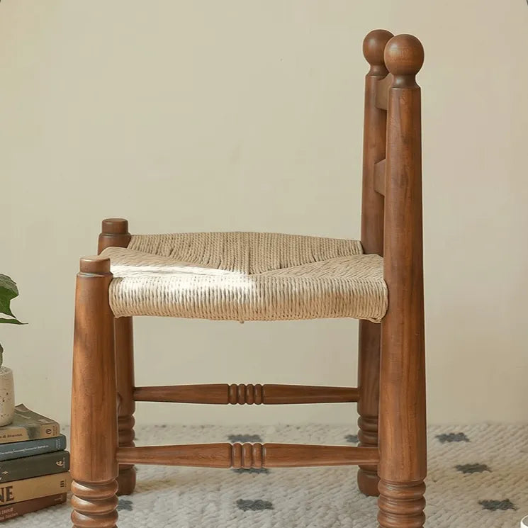 Solid Wood Vintage Kids Chair with Handwoven Rattan Seat and Sculptural Frame