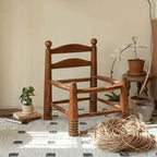Solid Wood Vintage Kids Chair with Handwoven Rattan Seat and Sculptural Frame