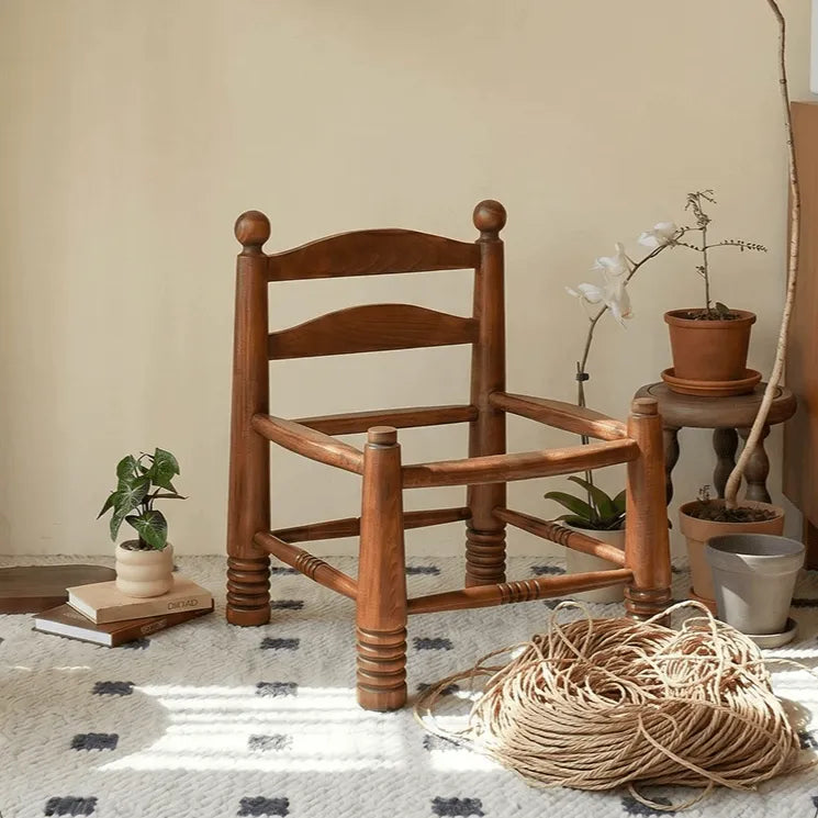 Solid Wood Vintage Kids Chair with Handwoven Rattan Seat and Sculptural Frame