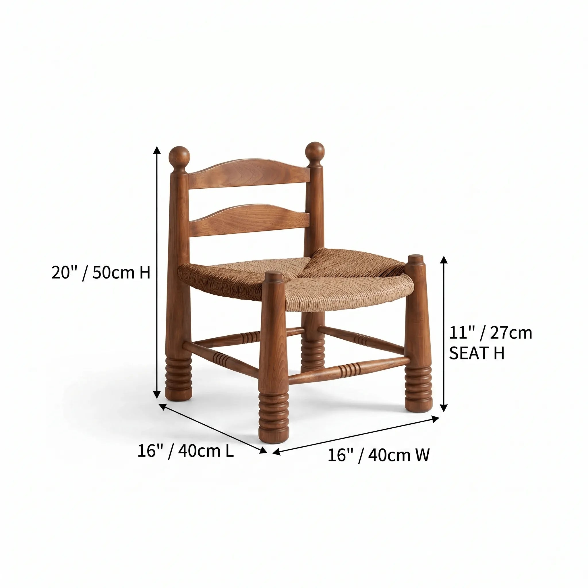 Solid Wood Vintage Kids Chair with Handwoven Rattan Seat and Sculptural Frame Dimensions