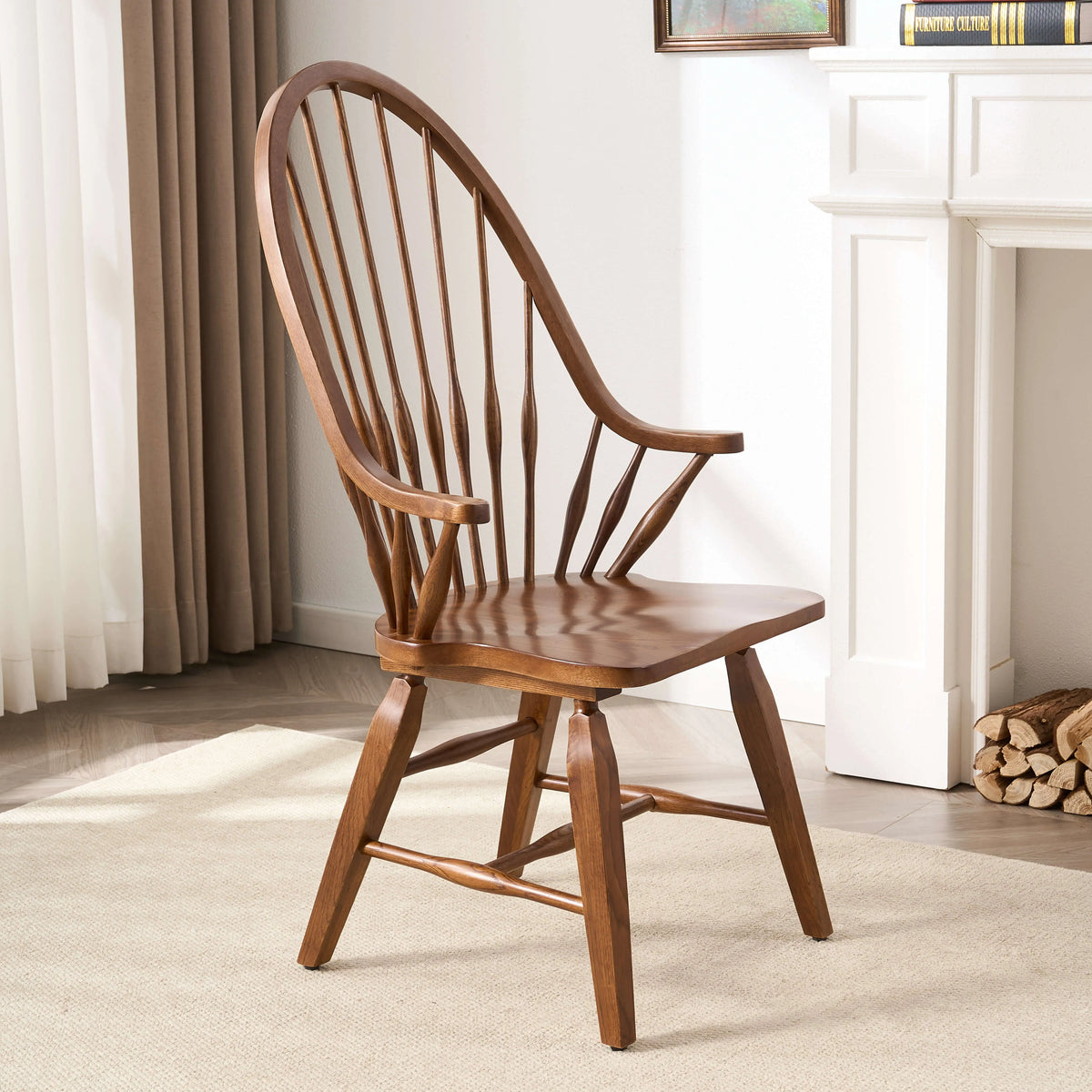 Solid Wood Windsor Chair Series with Arched Spindle Back and Open Arms