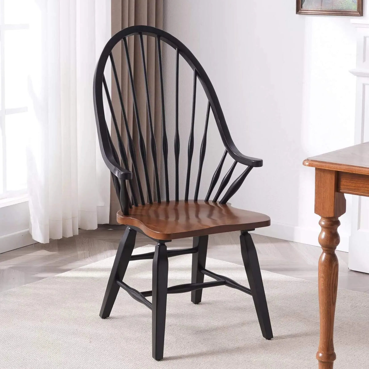 Solid Wood Windsor Chair Series with Arched Spindle Back and Open Arms