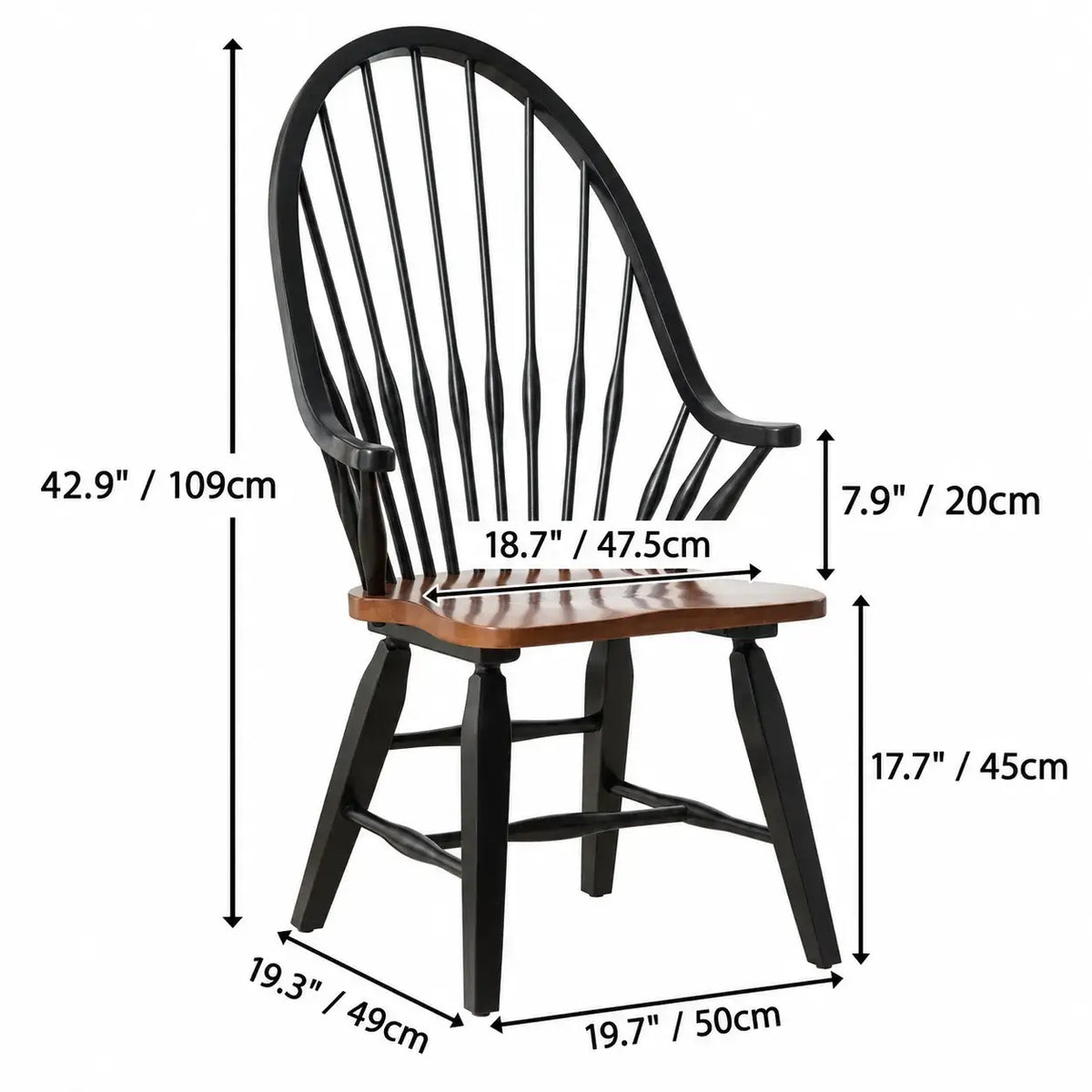 Solid Wood Windsor Chair Series with Arched Spindle Back and Open Arms Dimensions