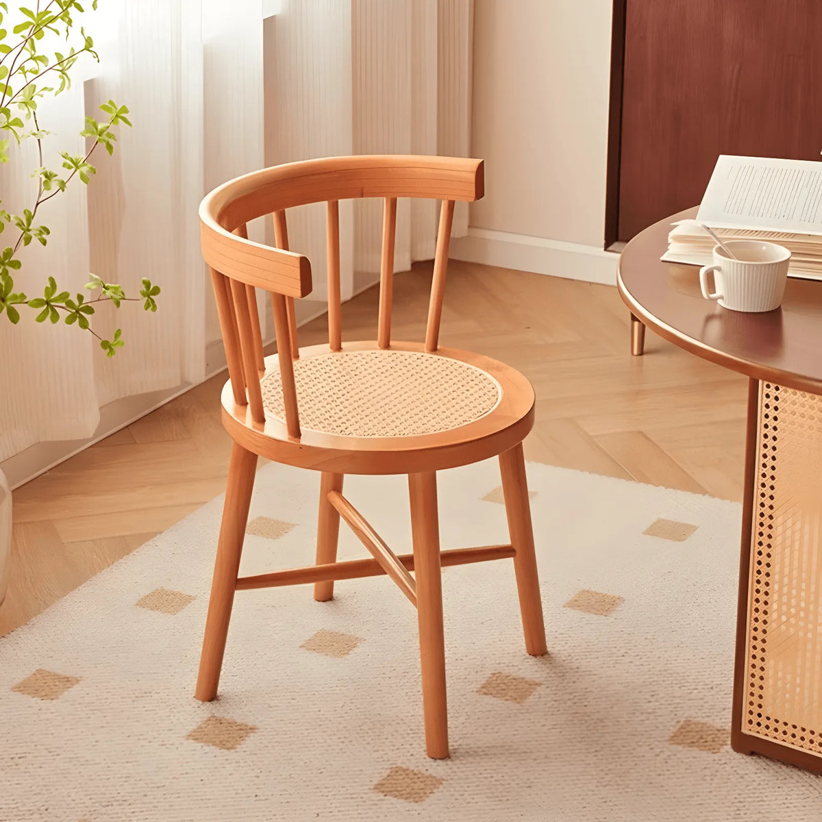 Solid Wood Windsor Chair with Curved Arms and Woven Rattan Seat