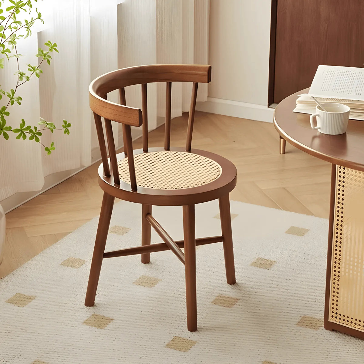 Solid Wood Windsor Chair with Curved Arms and Woven Rattan Seat