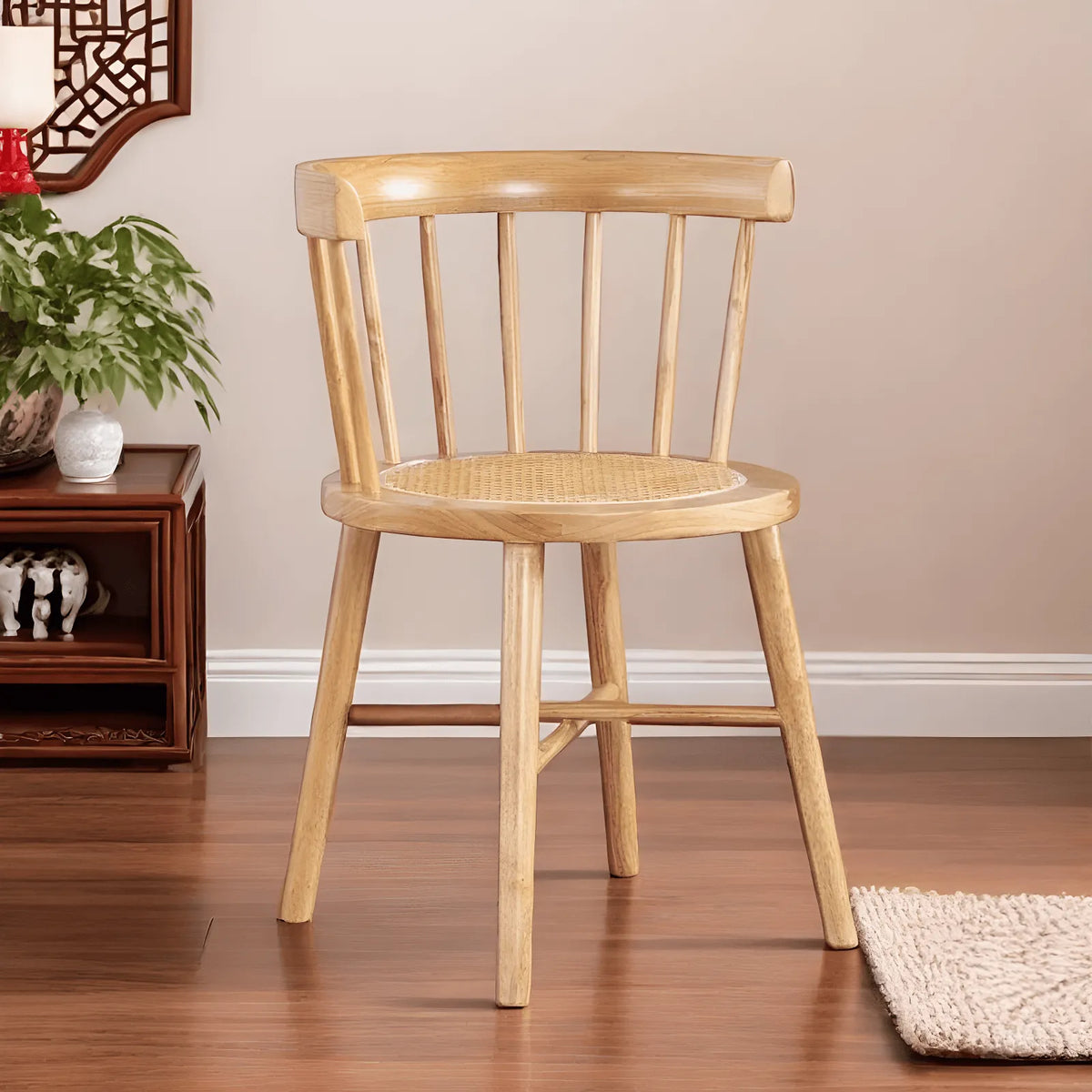 Solid Wood Windsor Chair with Curved Arms and Woven Rattan Seat