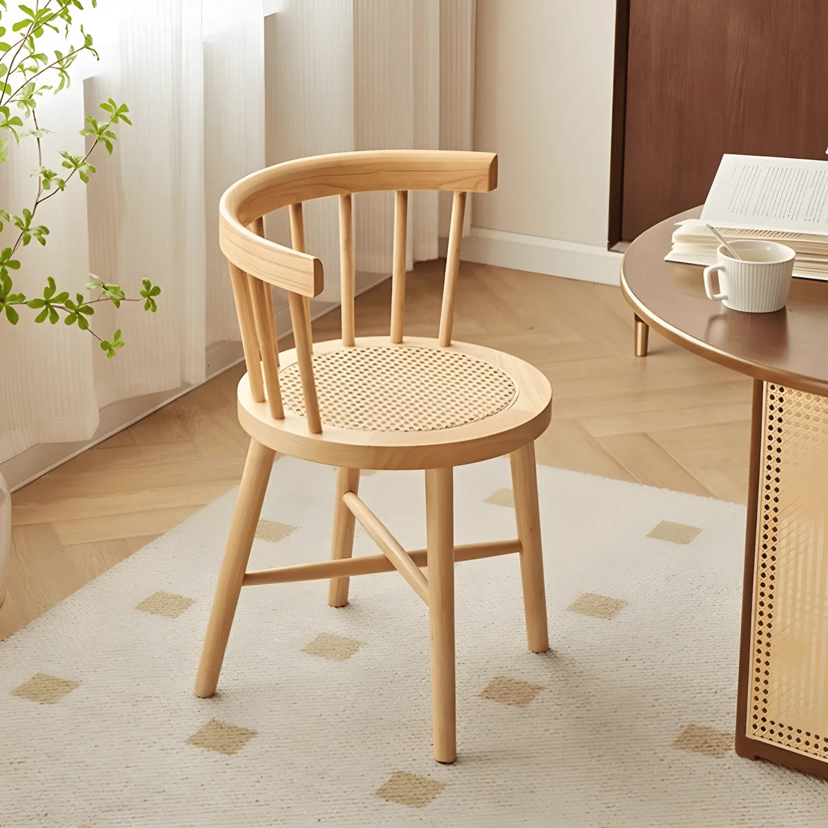 Solid Wood Windsor Chair with Curved Arms and Woven Rattan Seat