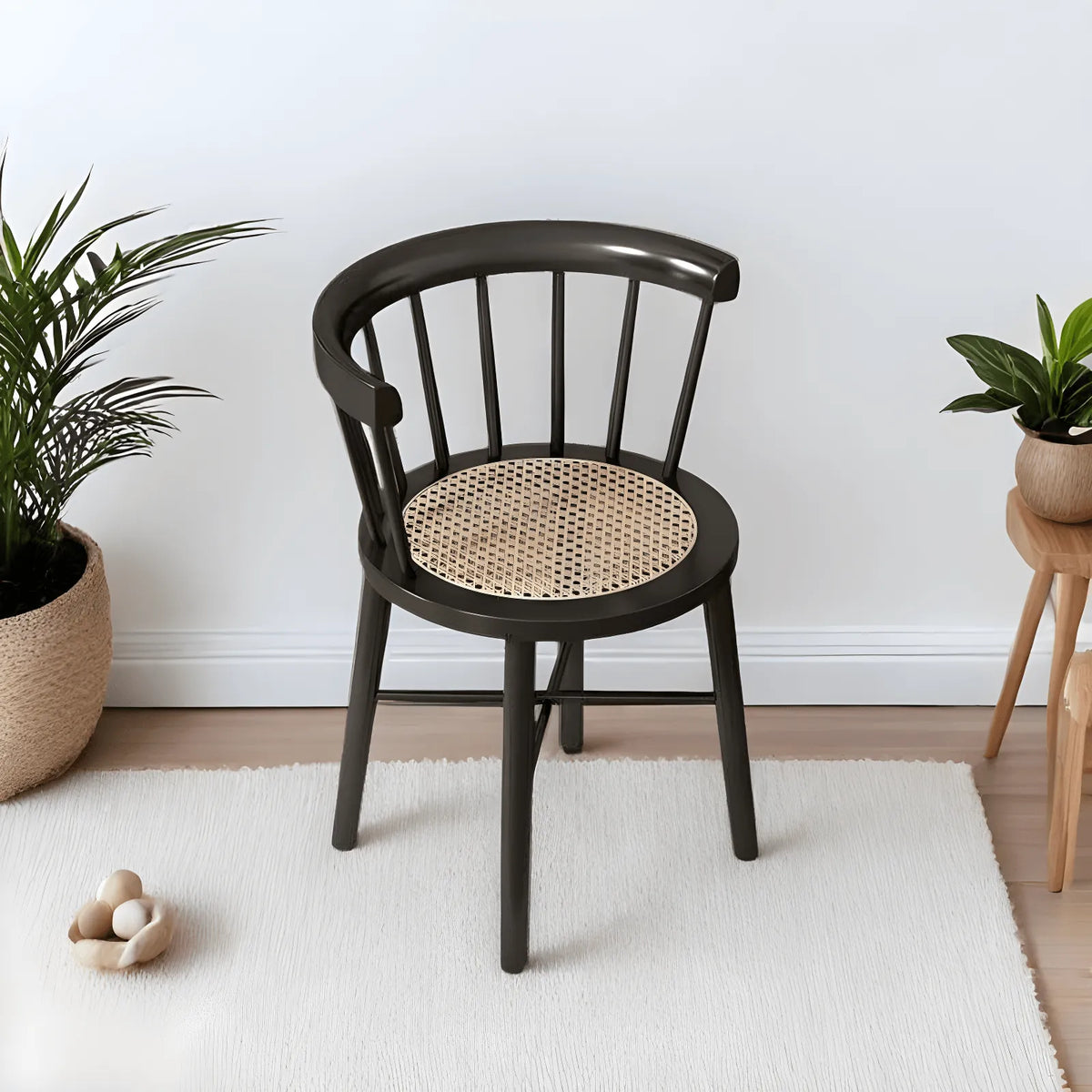 Solid Wood Windsor Chair with Curved Arms and Woven Rattan Seat