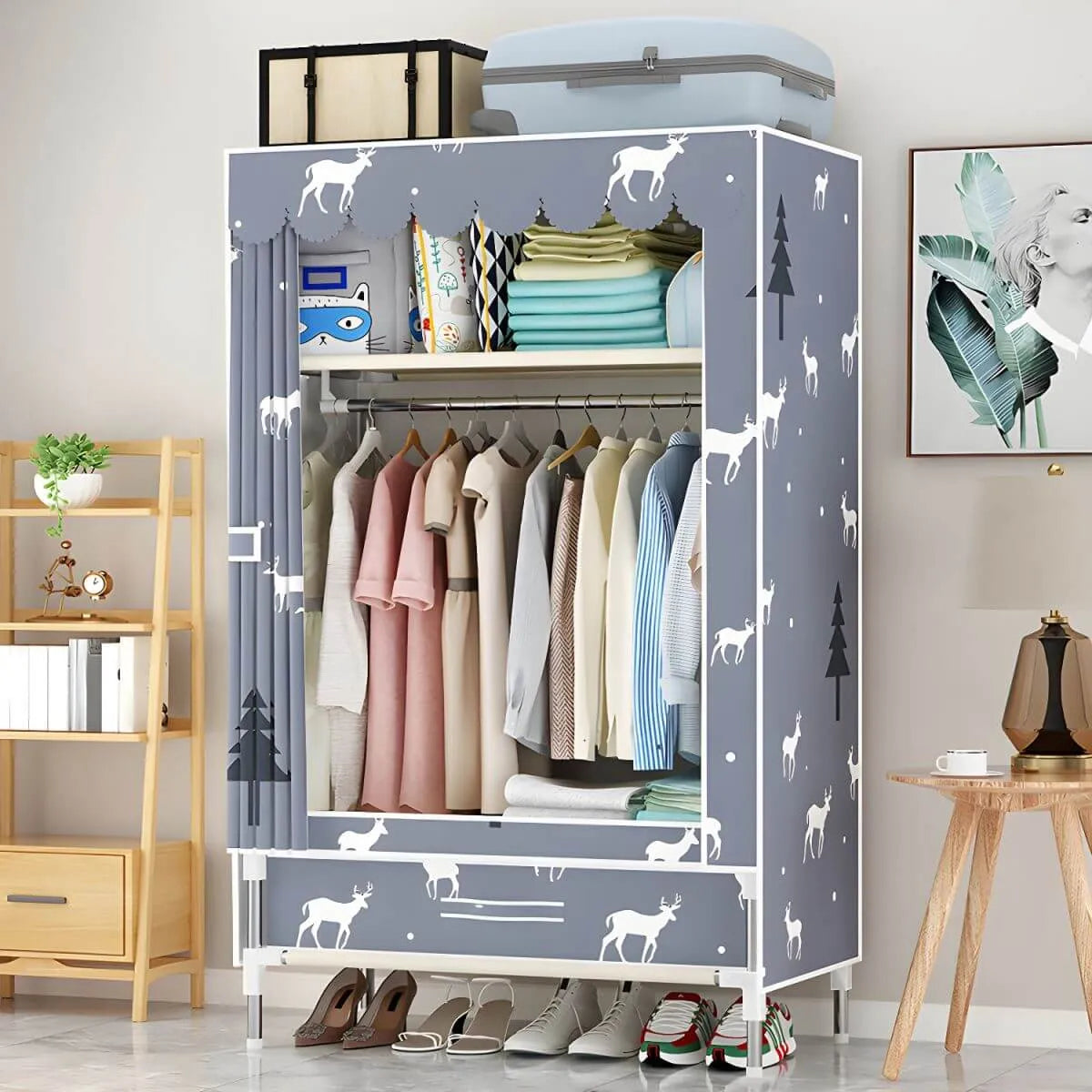Space-Saving Curtain Door Steel Wardrobe With Drawers And Shelves