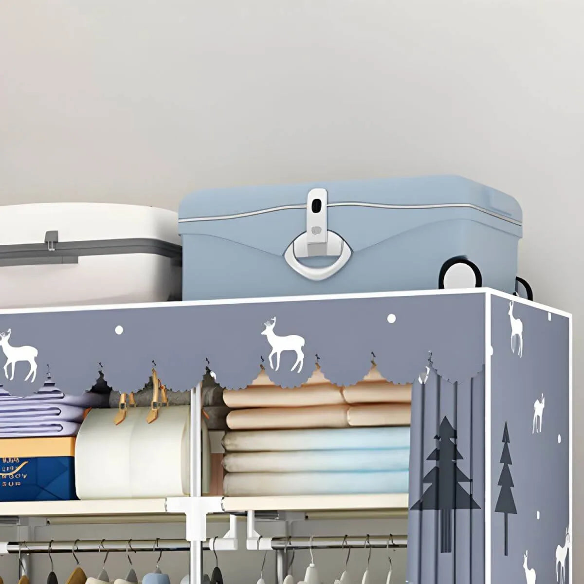 Space-Saving Curtain Door Steel Wardrobe With Drawers And Shelves