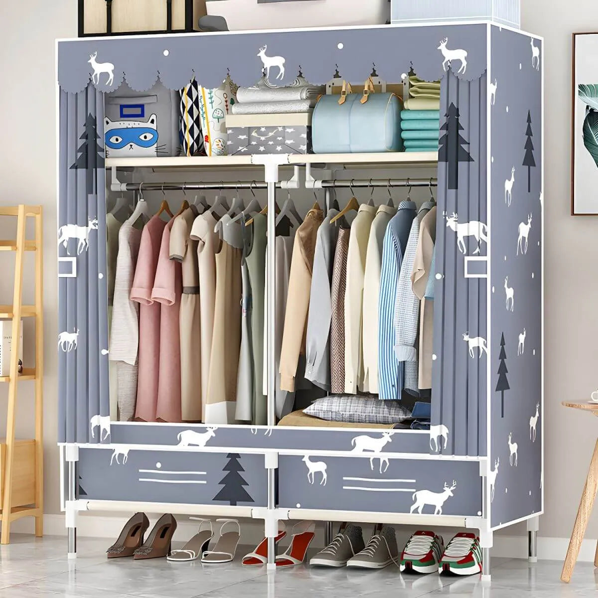 Space-Saving Curtain Door Steel Wardrobe With Drawers And Shelves