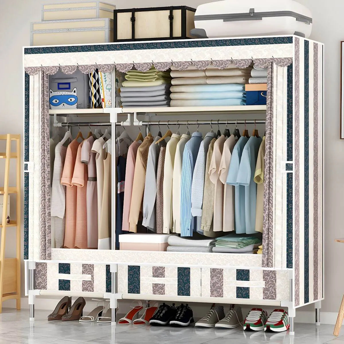 Space-Saving Curtain Door Steel Wardrobe With Drawers And Shelves