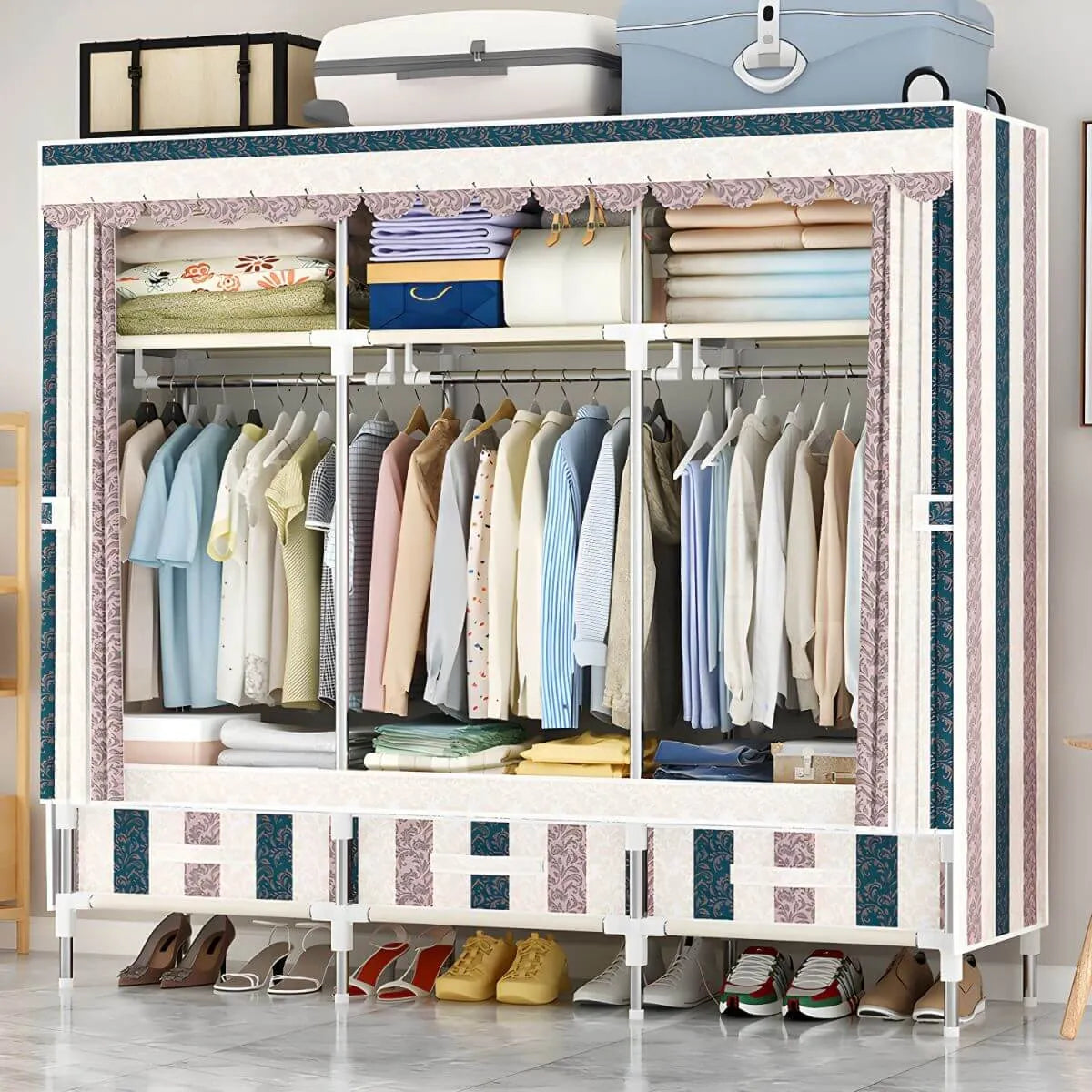 Space-Saving Curtain Door Steel Wardrobe With Drawers And Shelves