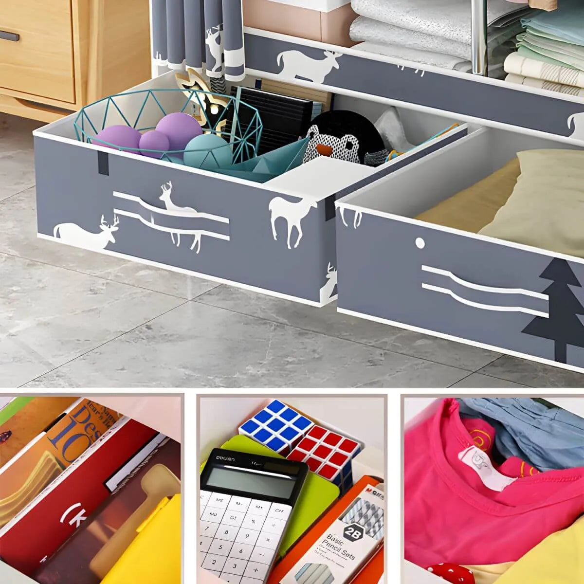 Space-Saving Curtain Door Steel Wardrobe With Drawers And Shelves