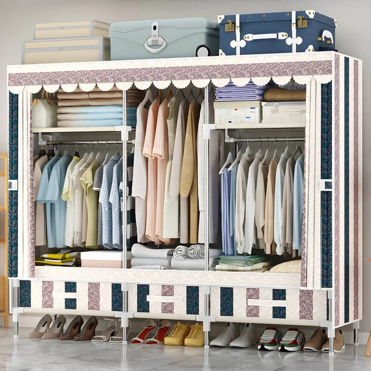 Space-Saving Curtain Door Steel Wardrobe With Drawers And Shelves