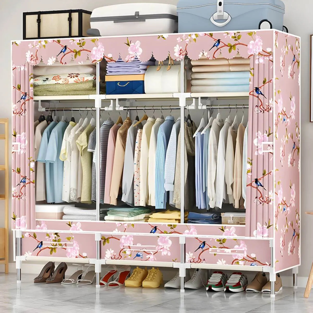 Space-Saving Curtain Door Steel Wardrobe With Drawers And Shelves