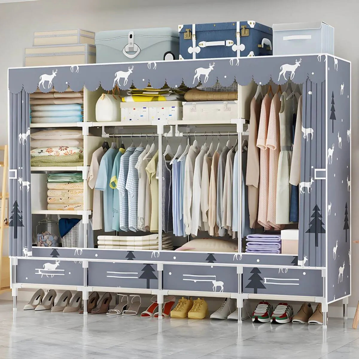 Space-Saving Curtain Door Steel Wardrobe With Drawers And Shelves