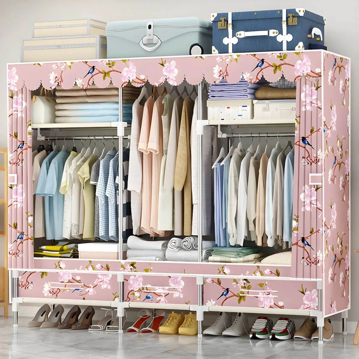 Space-Saving Curtain Door Steel Wardrobe With Drawers And Shelves