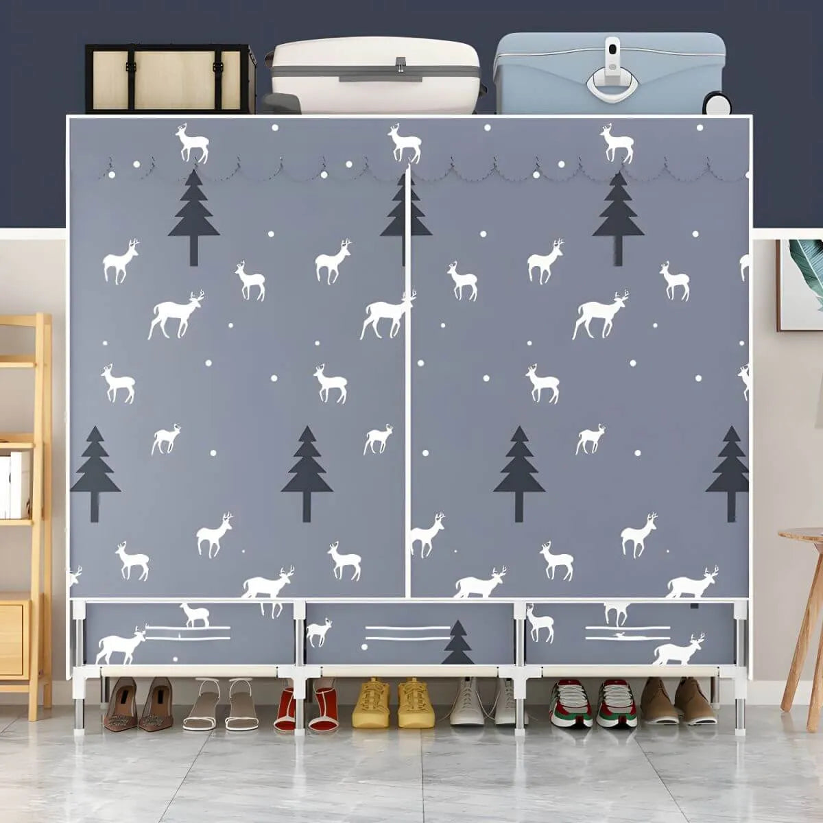 Space-Saving Curtain Door Steel Wardrobe With Drawers And Shelves