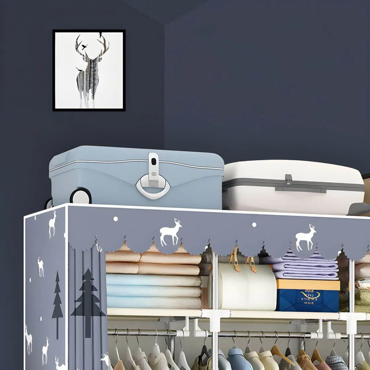 Space-Saving Curtain Door Steel Wardrobe With Drawers And Shelves