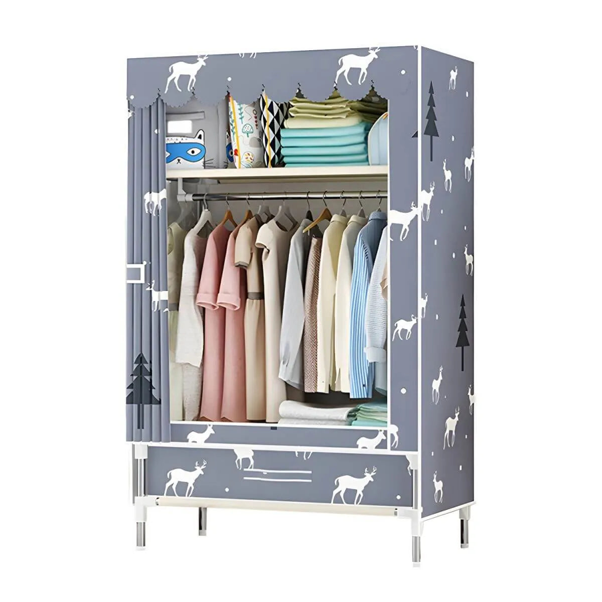 Space-Saving Curtain Door Steel Wardrobe With Drawers And Shelves