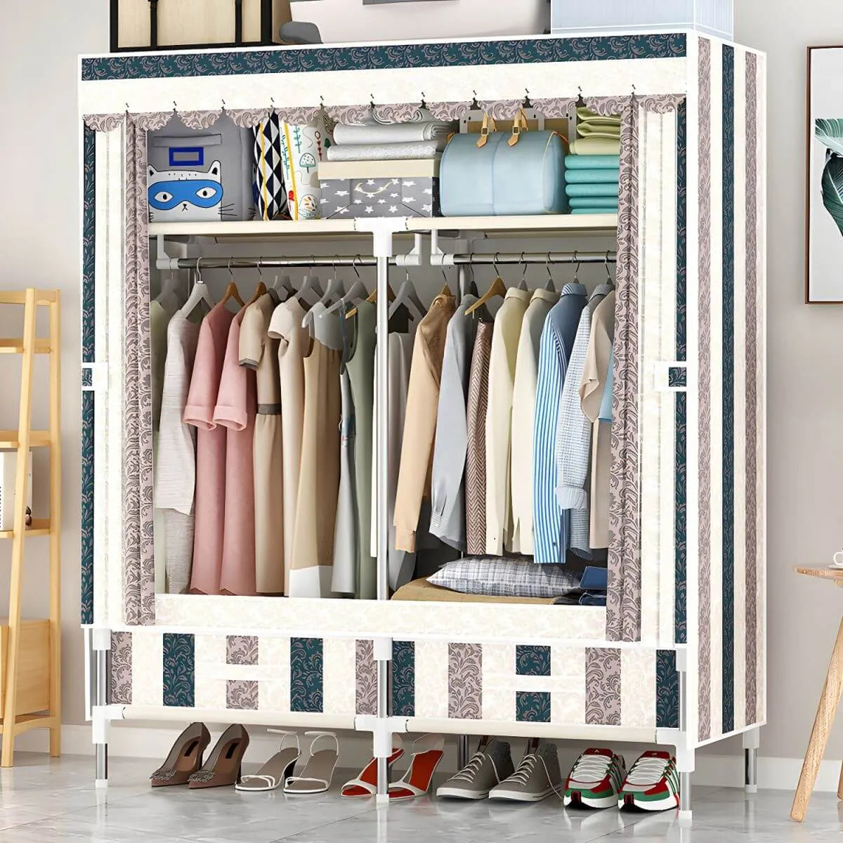 Space-Saving Curtain Door Steel Wardrobe With Drawers And Shelves
