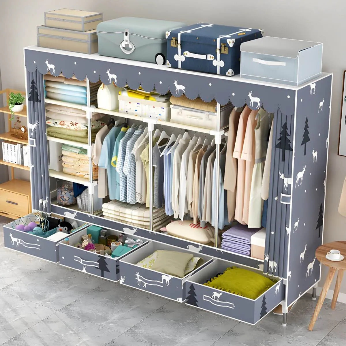Space-Saving Curtain Door Steel Wardrobe With Drawers And Shelves
