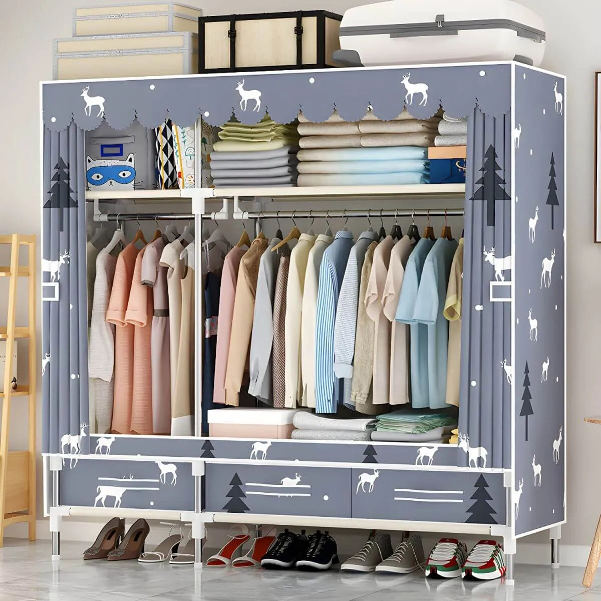 Space-Saving Curtain Door Steel Wardrobe With Drawers And Shelves