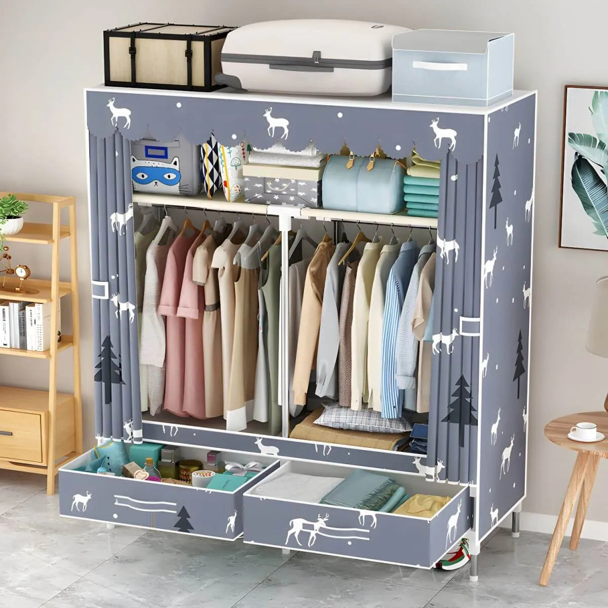 Space-Saving Curtain Door Steel Wardrobe With Drawers And Shelves