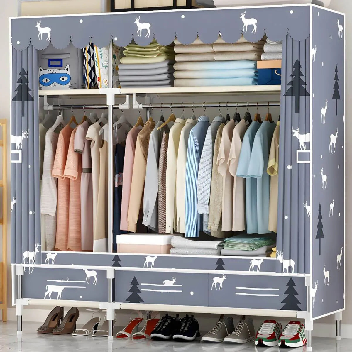 Space-Saving Curtain Door Steel Wardrobe With Drawers And Shelves