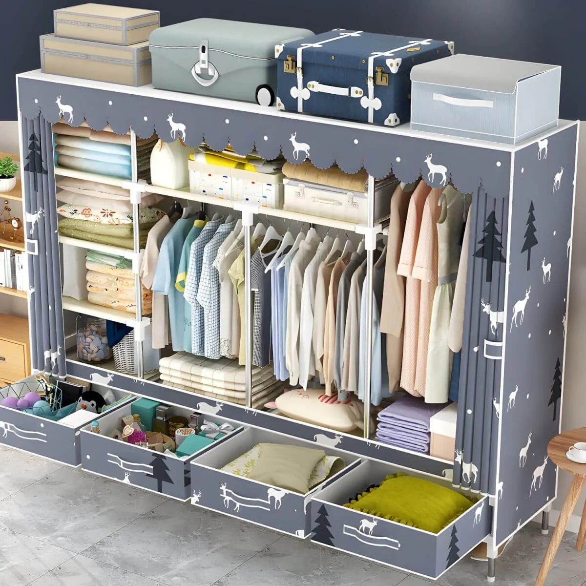 Space-Saving Curtain Door Steel Wardrobe With Drawers And Shelves