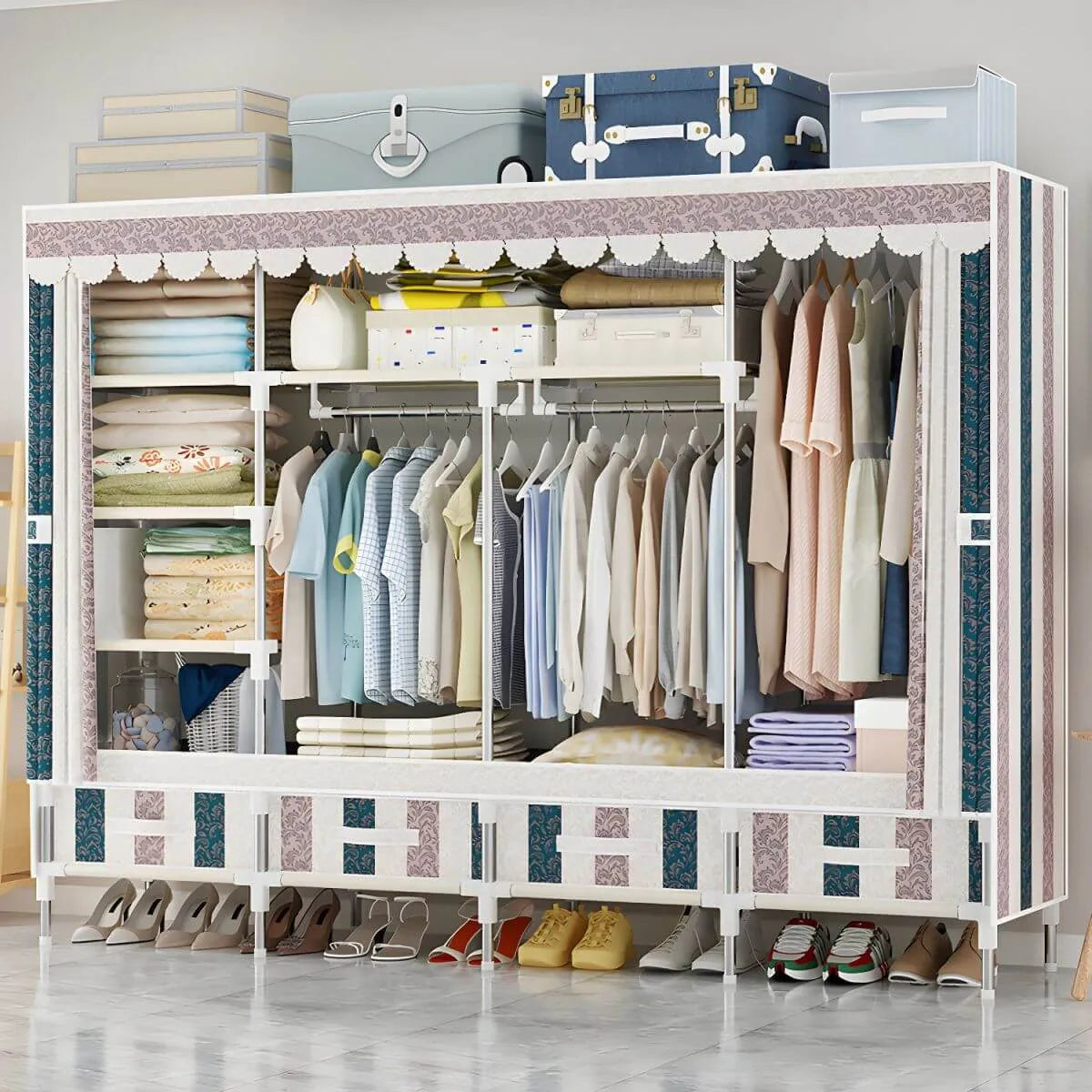 Space-Saving Curtain Door Steel Wardrobe With Drawers And Shelves