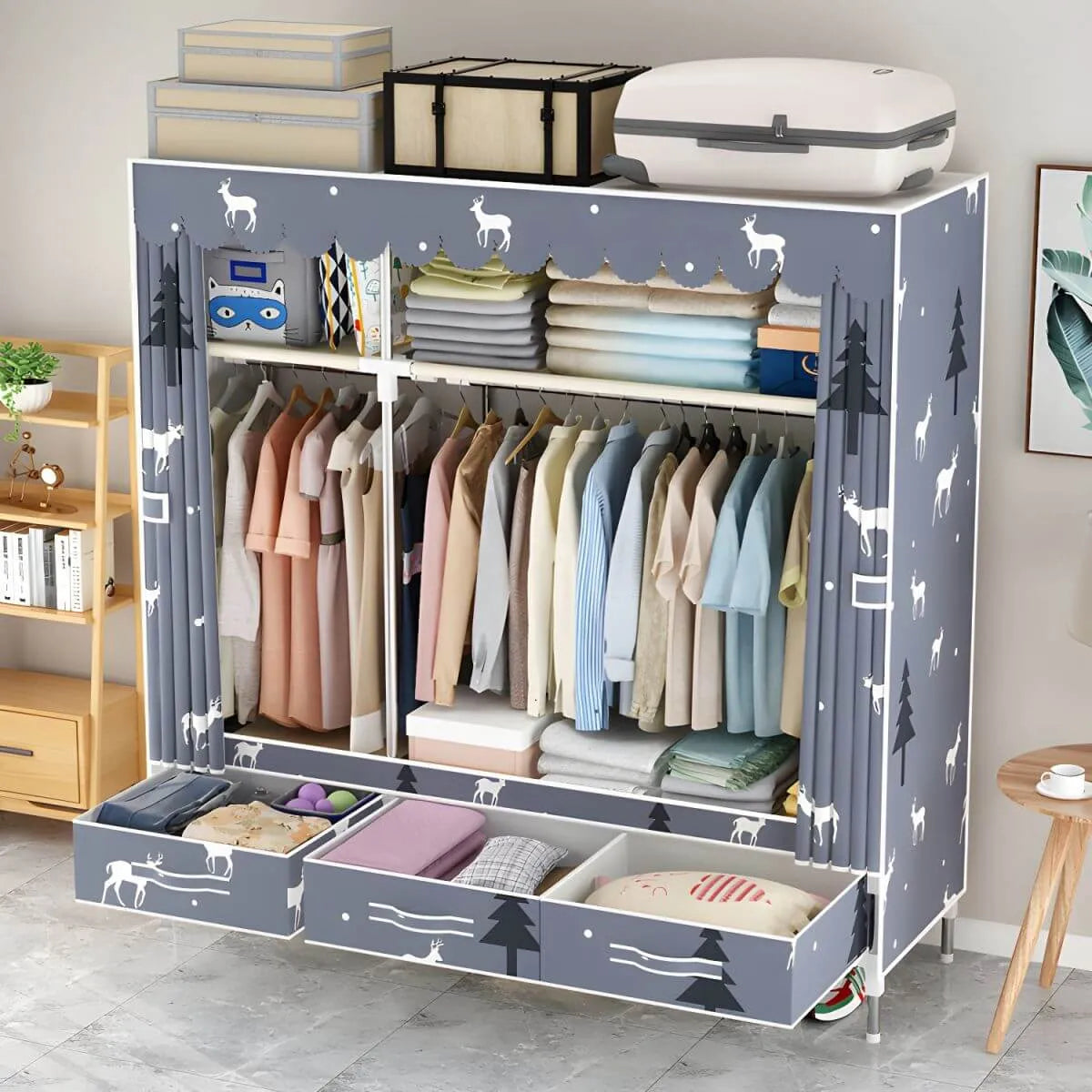 Space-Saving Curtain Door Steel Wardrobe With Drawers And Shelves