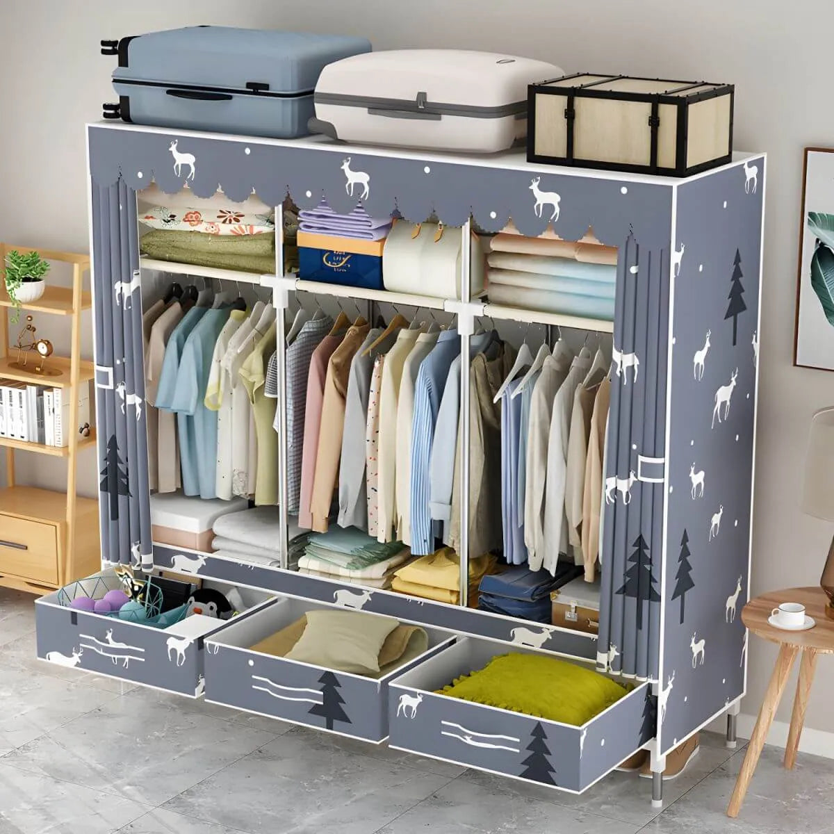 Space-Saving Curtain Door Steel Wardrobe With Drawers And Shelves