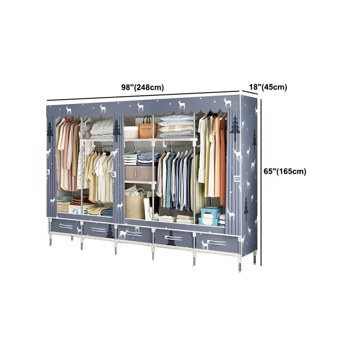 Space-Saving Curtain Door Steel Wardrobe With Drawers And Shelves Dimensions