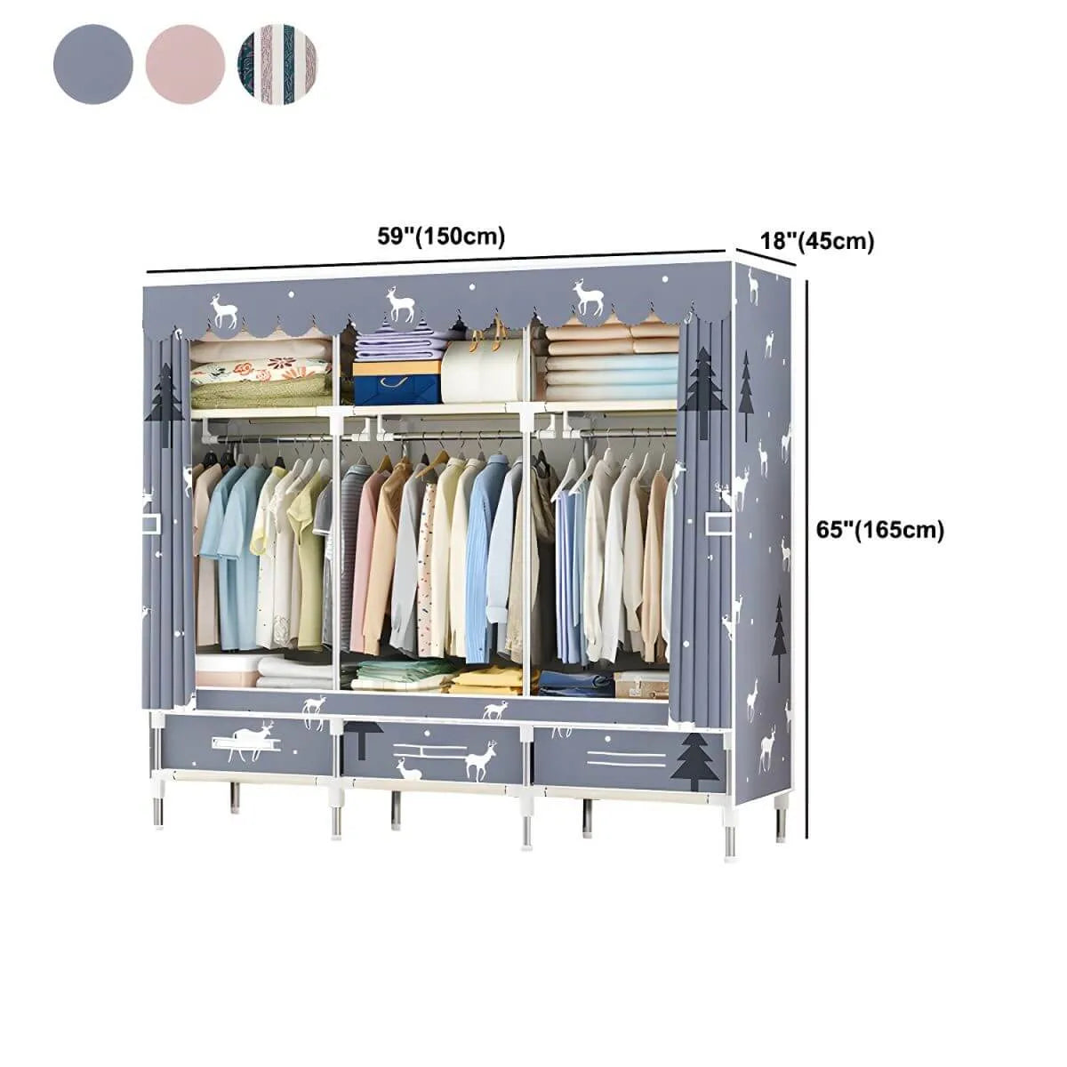 Space-Saving Curtain Door Steel Wardrobe With Drawers And Shelves Dimensions