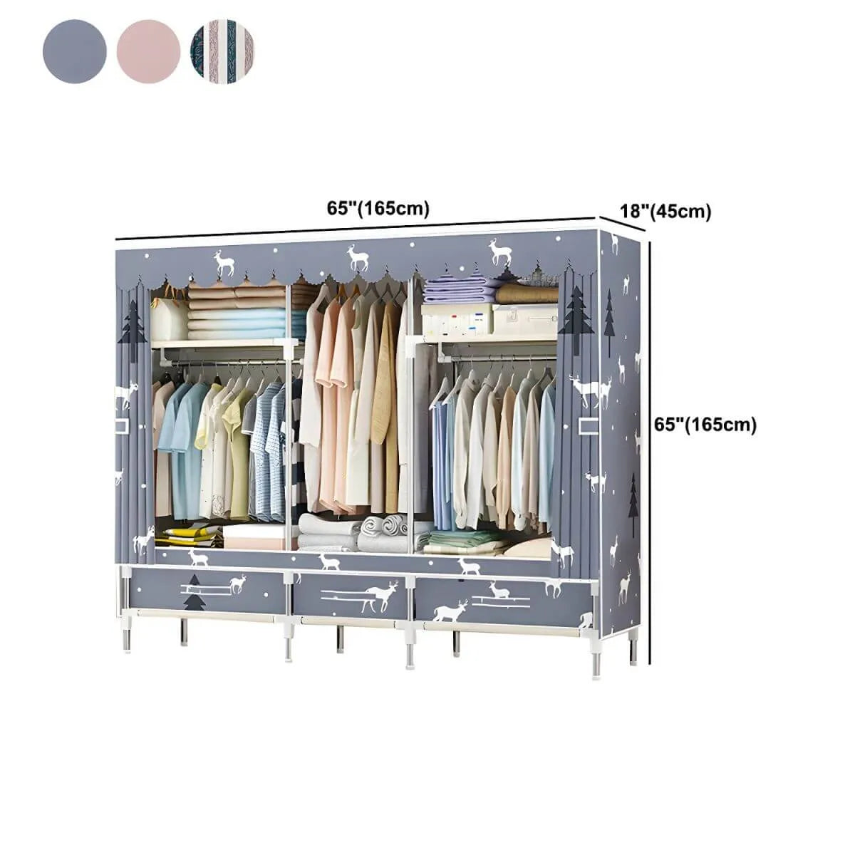 Space-Saving Curtain Door Steel Wardrobe With Drawers And Shelves Dimensions
