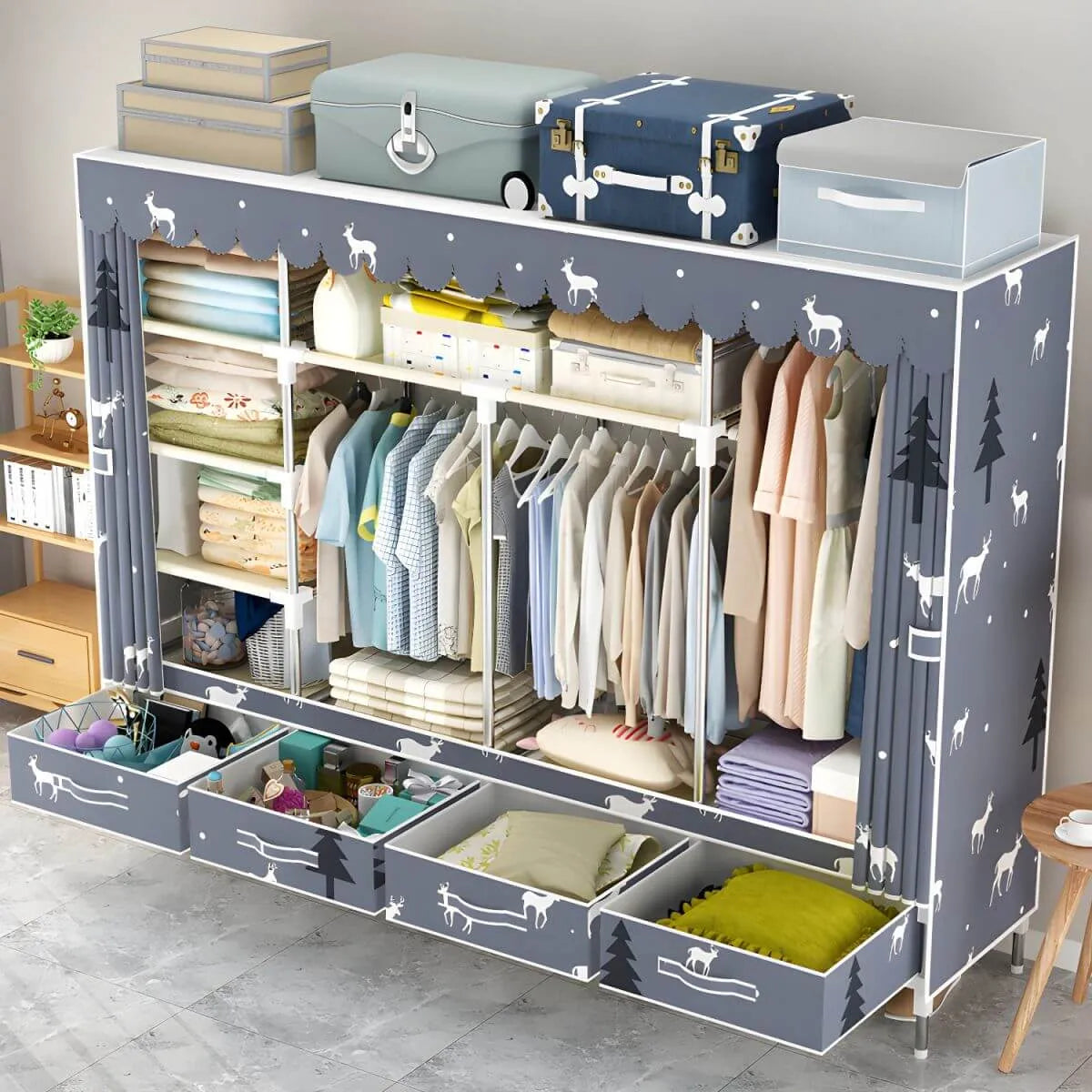 Space-Saving Curtain Door Steel Wardrobe With Drawers And Shelves Main Product Image