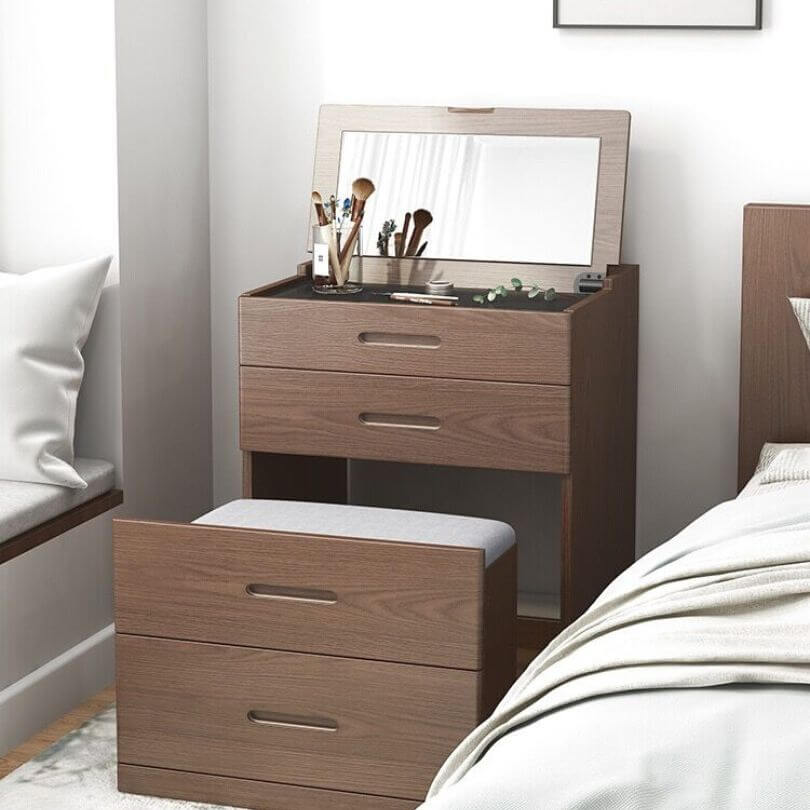 white and brown dressing table Snhomee Farmhouse White Makeup Vanity Desk with Lighted Sliding HD Mirror, RGB Cabinets & 4 Storage Drawers, Bedroom Jewelry Organizer Dressing Table