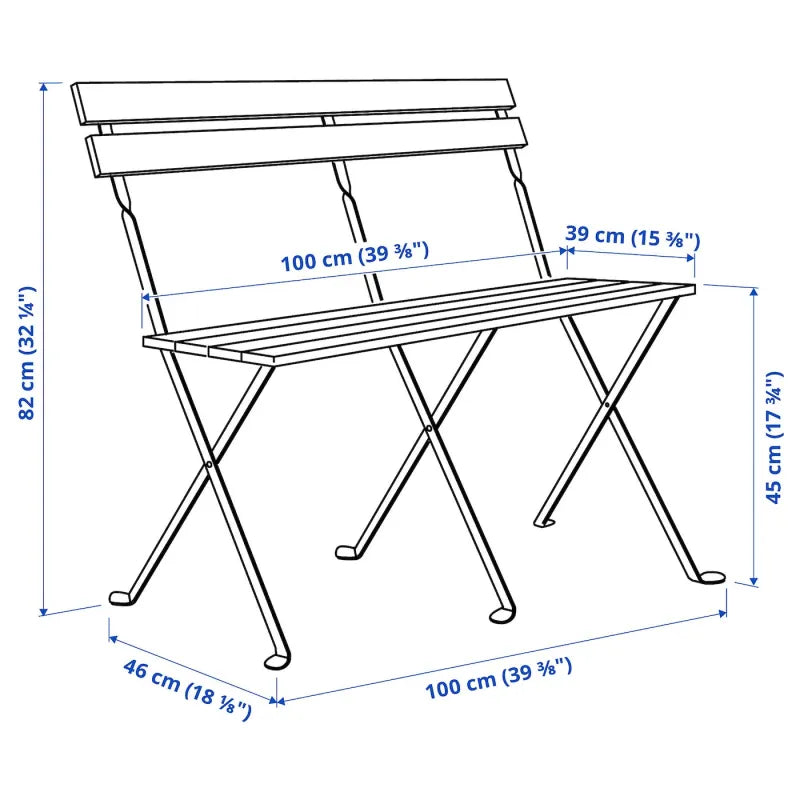 Space-Saving Foldable Outdoor Bench in Warm Acacia and Matte Black Metal Dimensions