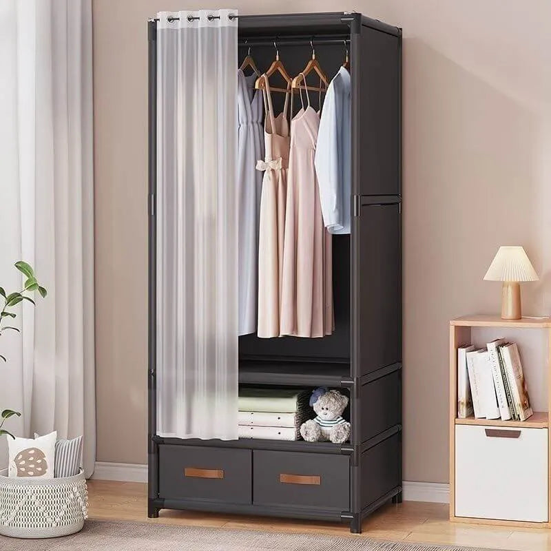 Space-Saving Metal Wardrobe Armoire With Curtain And Drawers