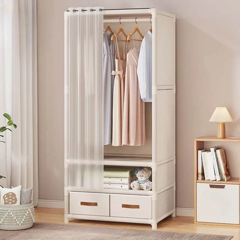 Space-Saving Metal Wardrobe Armoire With Curtain And Drawers