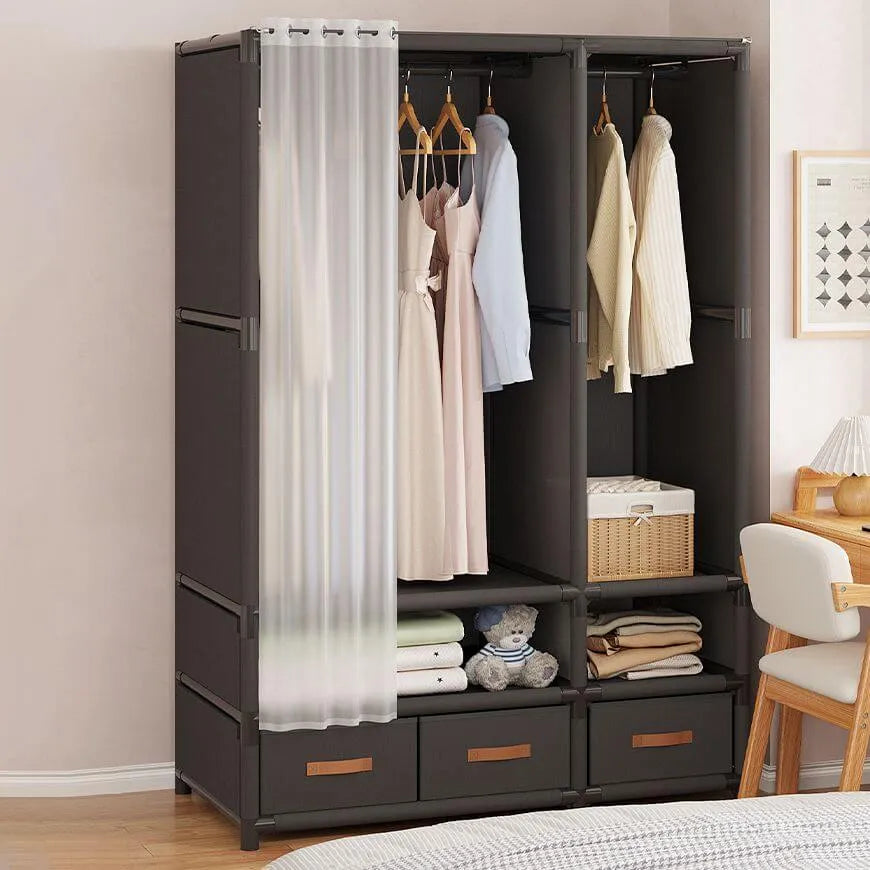 Space-Saving Metal Wardrobe Armoire With Curtain And Drawers Secondary image