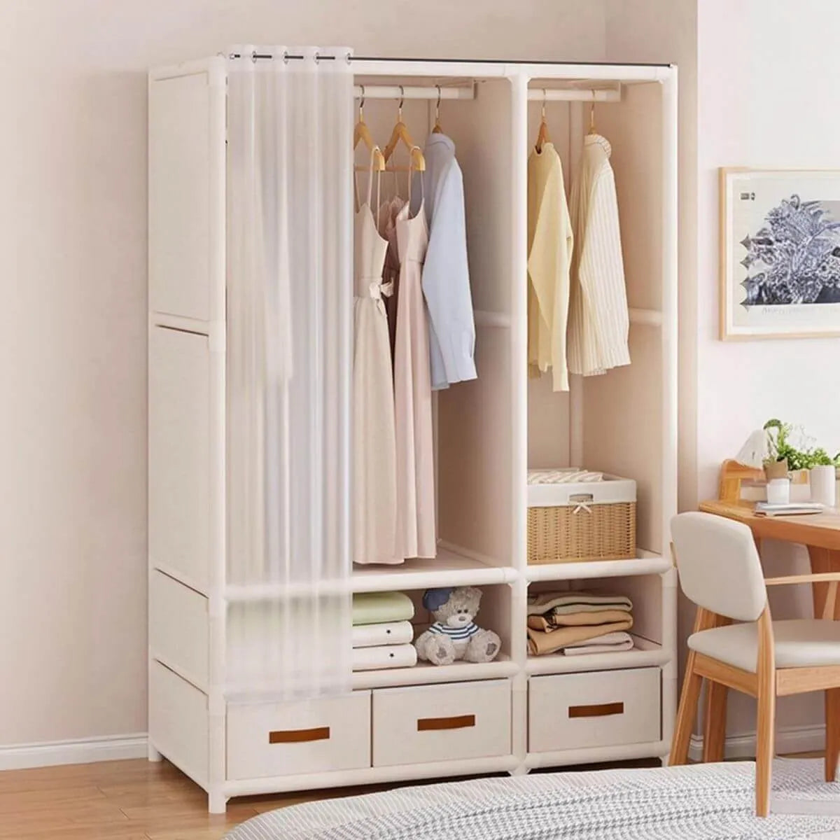 Space-Saving Metal Wardrobe Armoire With Curtain And Drawers