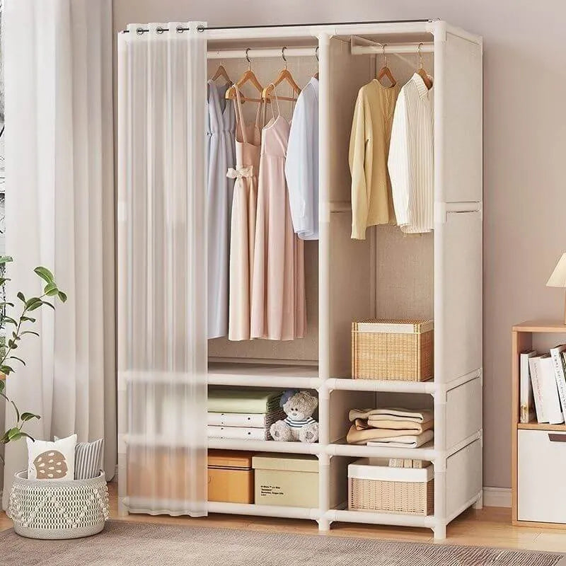 Space-Saving Metal Wardrobe Armoire With Curtain And Drawers