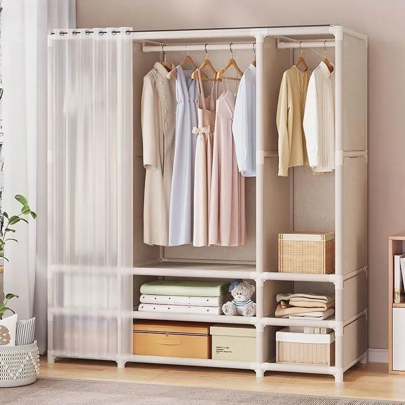 Space-Saving Metal Wardrobe Armoire With Curtain And Drawers