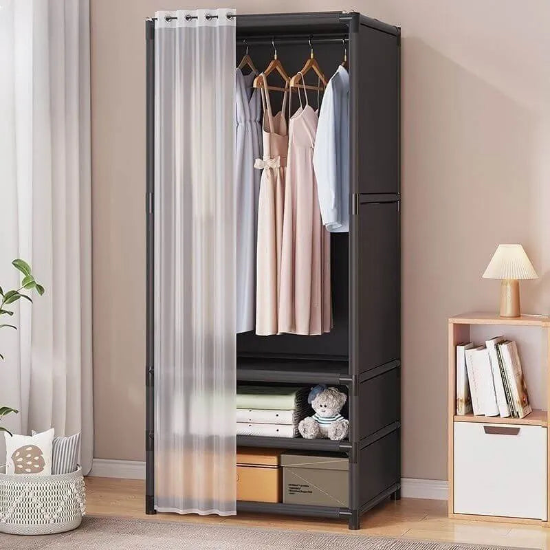 Space-Saving Metal Wardrobe Armoire With Curtain And Drawers