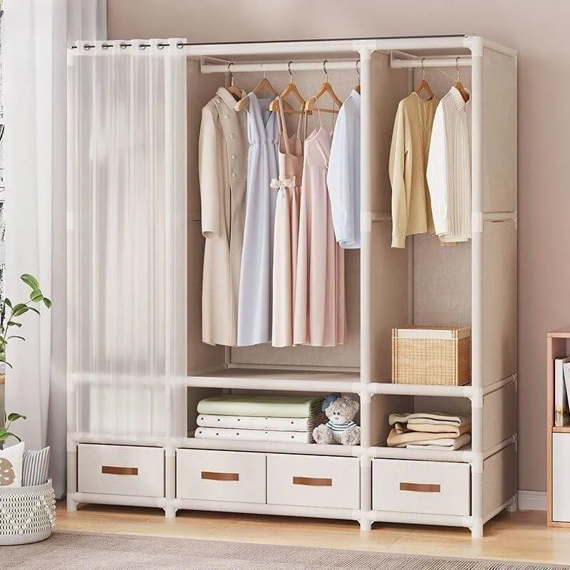 Space-Saving Metal Wardrobe Armoire With Curtain And Drawers