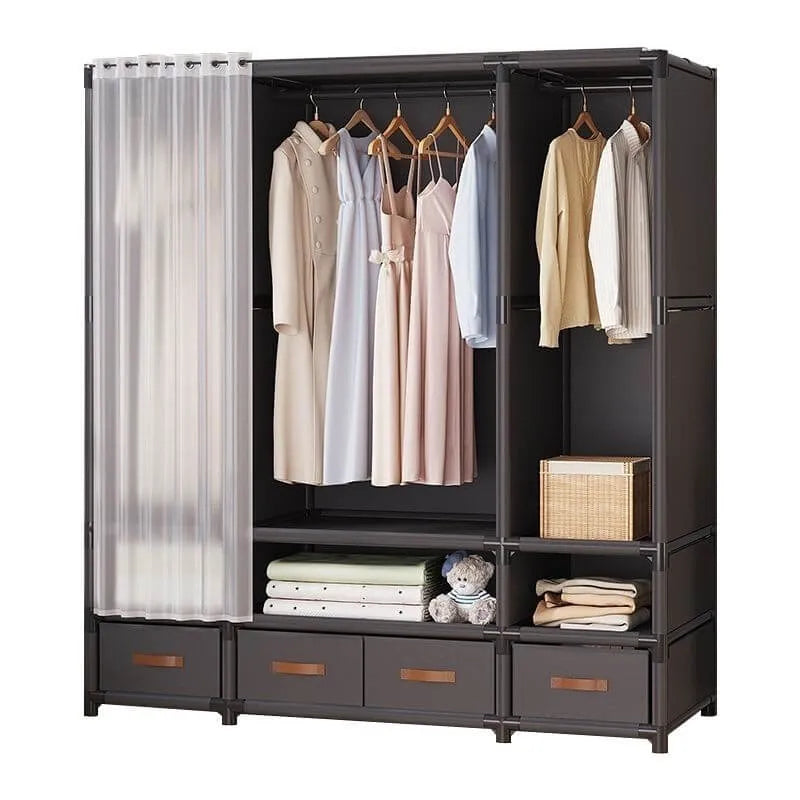 Space-Saving Metal Wardrobe Armoire With Curtain And Drawers